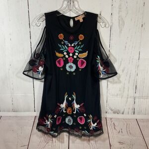 Kyra Tunic Top XL Black Cold Shoulder Embroidered Floral Tulle Whimsigoth Fairy